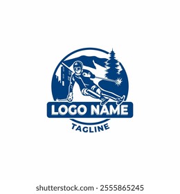 This logo design features a dynamic illustration of a skier in action, surrounded by a circular frame that includes a snowy mountain landscape, pine trees, and small alpine-style buildings. The skier 