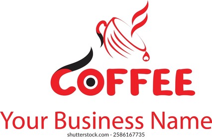 This logo design features a stylized coffee cup tilted to the right, with steam rising from it, forming a red and black color scheme.