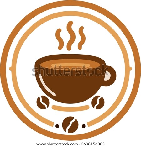 This logo design features a warm coffee cup with steam rising from it, encircled by a simple round border. Coffee beans are scattered around the base of the cup, adding a touch of authenticity