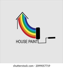 dies ist ein Logo-Design für Hausanstrich mit einer Kombination aus Haus, Rolle und Regenbogen, die Familie und Glück beschreibt