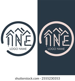 This logo design incorporates a circular frame with geometric elements that represent mountain peaks and a wheat stalk, creating a balanced and nature-inspired aesthetic.