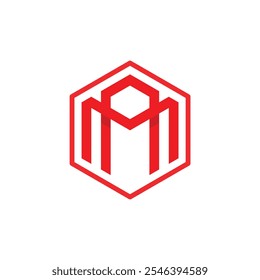 This logo design is an initial letter AM in hexagonal shape in red color that looks clean on a white background