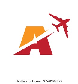 This is a logo design of a letter A with an airplane flying through it cut the letter into two parts. The logo looks nice in red and orange color combination and on a white background.