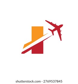 This is a logo design of a letter I with an airplane flying through it cut the letter into two parts. The logo looks nice in red and orange color combination and on a white background.