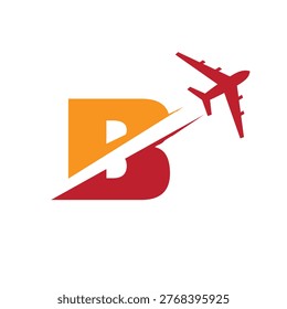 This is a logo design of a letter B with an airplane flying through it cut the letter into two parts. The logo looks nice in red and orange color combination and on a white background.