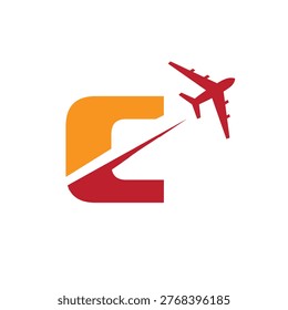 This is a logo design of a letter C with an airplane flying through it cut the letter into two parts. The logo looks nice in red and orange color combination and on a white background.