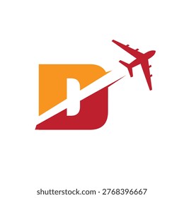 This is a logo design of a letter D with an airplane flying through it cut the letter into two parts. The logo looks nice in red and orange color combination and on a white background.