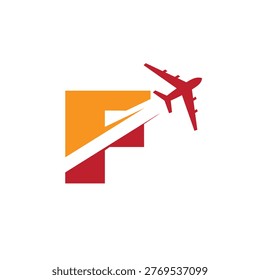This is a logo design of a letter F with an airplane flying through it cut the letter into two parts. The logo looks nice in red and orange color combination and on a white background.