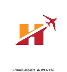 This is a logo design of a letter H with an airplane flying through it cut the letter into two parts. The logo looks nice in red and orange color combination and on a white background.