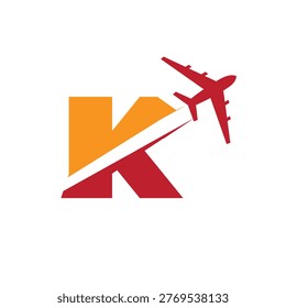 
This is a logo design of a letter K with an airplane flying through it cut the letter into two parts. The logo looks nice in red and orange color combination and on a white background.
