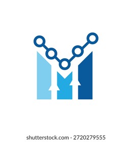 this is a logo design of a letter M that shapes like a graph bar with arrows and dots of trading instruments that looks clean in blue color on a white background
