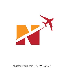This is a logo design of a letter N with an airplane flying through it cut the letter into two parts. The logo looks nice in red and orange color combination and on a white background.
