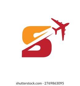 
This is a logo design of a letter S with an airplane flying through it cut the letter into two parts. The logo looks nice in red and orange color combination and on a white background.
