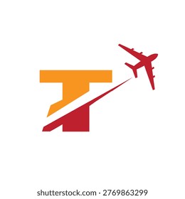 This is a logo design of a letter T with an airplane flying through it cut the letter into two parts. The logo looks nice in red and orange color combination and on a white background.