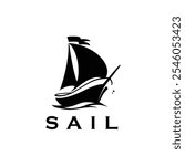This is a logo design of a sailing ship cruising the wave in black color that looks calm and tranquil on a white background

