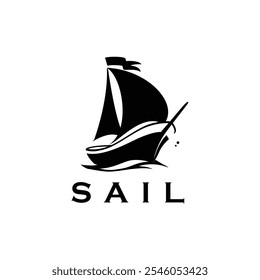 Este es un diseño de logotipo de un barco de vela que cruza la ola en color negro que se ve tranquilo y tranquilo sobre un fondo blanco

