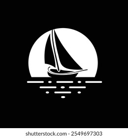 This is a logo design of a silhouette of a small sailing ship under a full bright moon and on a calm sea in white color that looks calm and tranquil on a black background

