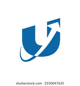 This is a logo design of a slanted blocked uppercase letter U in blue color with a white arrow heading upward