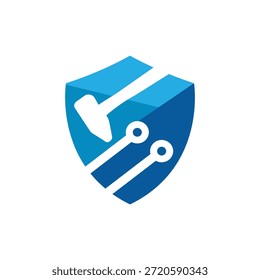 Este es un diseño de logotipo que representa un escudo con un martillo de trineo con dos líneas de transistor de nodo que se ve limpio en color azul sobre un fondo blanco. Puede ser utilizado para el logotipo de la protección cibernética. 
