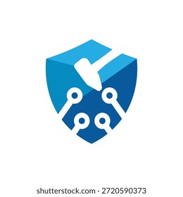 Este es un diseño de logotipo que representa un escudo con un martillo de trineo con líneas de transistor de cuatro nodos que se ve limpio en color azul sobre un fondo blanco. Puede ser utilizado para el logotipo de la protección cibernética. 