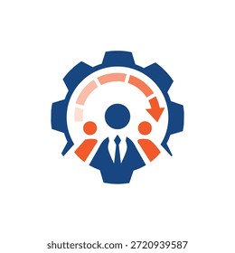 Este es un diseño de logotipo que representa un engranaje con tres trabajadores abstractos en él y una flecha circular en naranja. Se puede utilizar para la eficiencia del lugar de trabajo o fines relacionados con la oficina. 