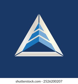 Este design de logotipo é uma forma de pirâmide triangular em azul e cor prateada que parece em negrito em um fundo azul escuro