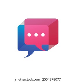 This is a logo design of two flat speech bubbles overlaid forming a square 3D speech bubbles with three white dots on the center in pink and blue color