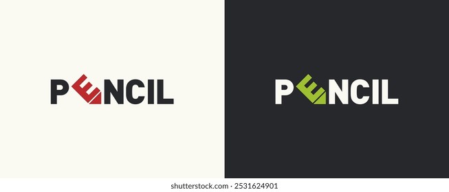 This logo designed with the word "Pencil" creatively incorporates the letter "E" as a pencil tip, offering a dynamic and artistic design. Displayed in different color variations