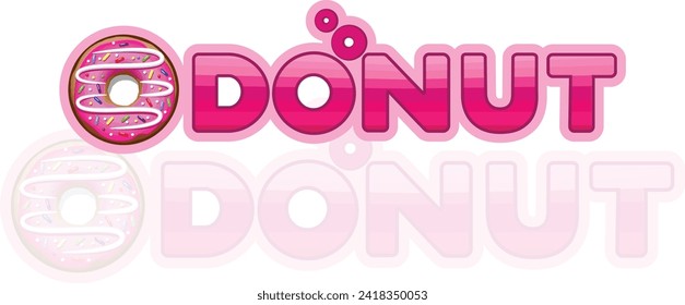 This is a logo for a donut shop that features the word “DONUT” in pink letters with a cartoon-style donut replacing the ‘O’ .