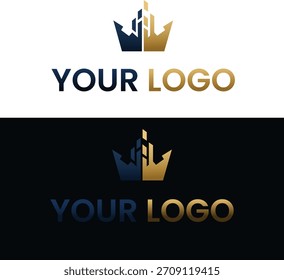 Dieses Logo ist ein elegantes und kraftvolles Firmenzeichen mit einem stilisierten Symbol, das eine königliche Krone mit der Silhouette einer Stadtskyline brillant verschmilzt. Das Design verwendet eine Premium-Farbpalette von d