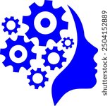 This logo features a blue silhouette of a female head in profile with several overlapping gears superimposed on it. The image symbolizes intellect, creativity, and problem-solving.
