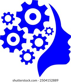 This logo features a blue silhouette of a female head in profile with several overlapping gears superimposed on it. The image symbolizes intellect, creativity, and problem-solving.