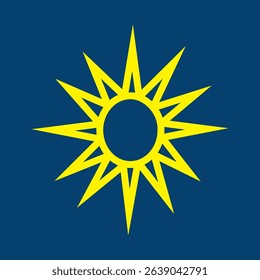 This logo features a clean and minimalist sun design.vSurrounding the circle are sharp, evenly spaced triangle-shaped rays in deep navy blue background.