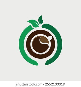 Este logotipo presenta una taza de café vista desde arriba con un elemento de hoja verde en la parte superior, rodeado por un círculo verde degradado. La combinación de marrón y verde refleja lo natural y ambiental