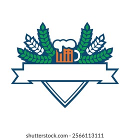 This logo features a foamy drink mug at the center, flanked by stylized green hops, and a blank ribbon banner below for text. Ideal for a drink brand, especially brewing.