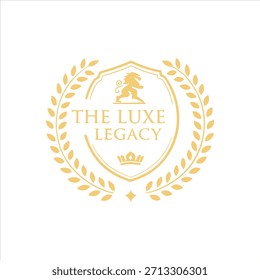 This logo features a golden shield with a lion at the top and a crown at the bottom. The words "THE LUXE LEGACY" are written across the shield. A laurel wreath encircles the shield, symbolizing presti