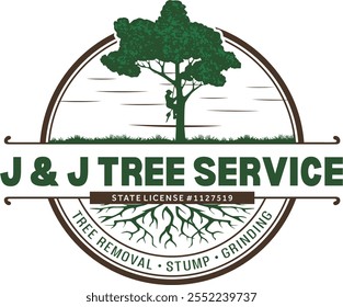 This logo features a green tree with visible roots inside a circular frame. It reads "J and J Tree Service" in bold green text, with "Tree Removal Stump Grinding" 