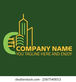 This logo features a modern and professional design with a combination of construction and maintenance elements. The primary visual includes a stylized city skyline in yellow, representing buildings o