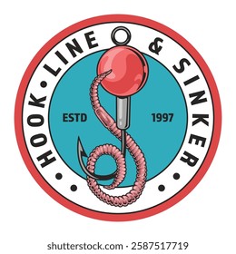 This logo features a prominent fishing hook entwined with a fishing line highlighted by a vibrant red bobber symbolizing a connection to angling and outdoor activities since 1997.