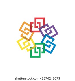 This logo features six colorful, interlocking square spirals arranged in a circular pattern. The vibrant colors symbolize diversity, unity, and creativity, making it ideal for dynamic and inclusive br