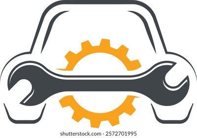 This logo features a stylized car outline with a wrench and gear, symbolizing automotive repair or services. Simple, clean design suitable for mechanics, garages, or car-related businesses. Available 