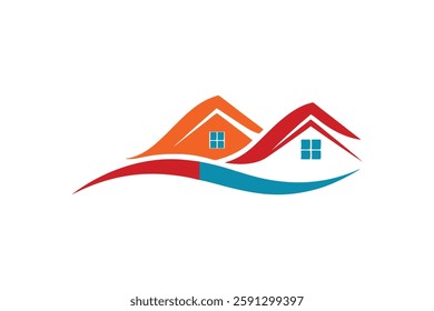 This logo features three stylized houses in vibrant orange, red, and blue, with a dynamic wave element flowing beneath them, symbolizing movement and energy.