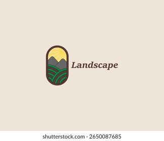 Este logotipo apresenta uma vista panorâmica verticalmente emoldurada com campos verdes, picos de montanha e um sol radiante — capturando a essência da beleza natural e paisagens abertas. O desenho é fechado em um arco