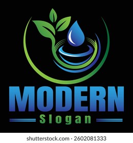 This logo features a vibrant green leaf alongside a blue water droplet surrounded by swirling rings, symbolizing nature, growth, and freshness. The text below, reading “MODERN” and “Slogan,” is styled