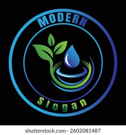 This logo features a vibrant green leaf alongside a blue water droplet surrounded by swirling rings, symbolizing nature, growth, and freshness. The text below, reading “MODERN” and “Slogan,” is styled