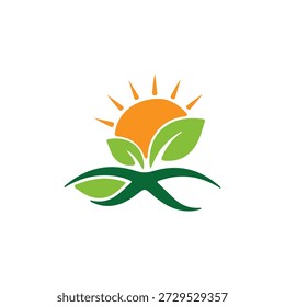 Dieses Logo zeigt ein lebendiges grünes Blattmotiv, das mit einer aufgehenden Sonne verflochten ist und Wachstum, Natur und Nachhaltigkeit repräsentiert. Das Design umfasst fließende Linien und helle Farben, um Frische und Vitalität zu vermitteln, geeignet für umweltfreundliche Marken oder landwirtschaftliche Betriebe.