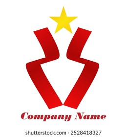 This logo features a vibrant red ribbon forming a symmetrical, upward shape beneath a bright yellow star. The design conveys elegance and progress, suitable for a wide range of brands. The minimalist 