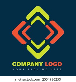 This logo features a white "J" at the center, framed by red and yellow angular shapes forming a diamond. Below, "COMPANY LOGO" in orange and a tagline in white sit on a dark blue background.