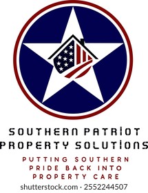 This logo features a white star inside a blue circle with a patriotic house design in red white and blue Below it read Southern Patriot Property Solutions with the tagline Putting Southern Pride Back 