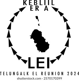 This logo has a black island silhouette, encircled by triangular patterns. Text reads "KEBLIIL ER A" on top, "LEI" below, and "TELUNGALK EL REUNION 2024" at the bottom, symbolizing a cultural event.